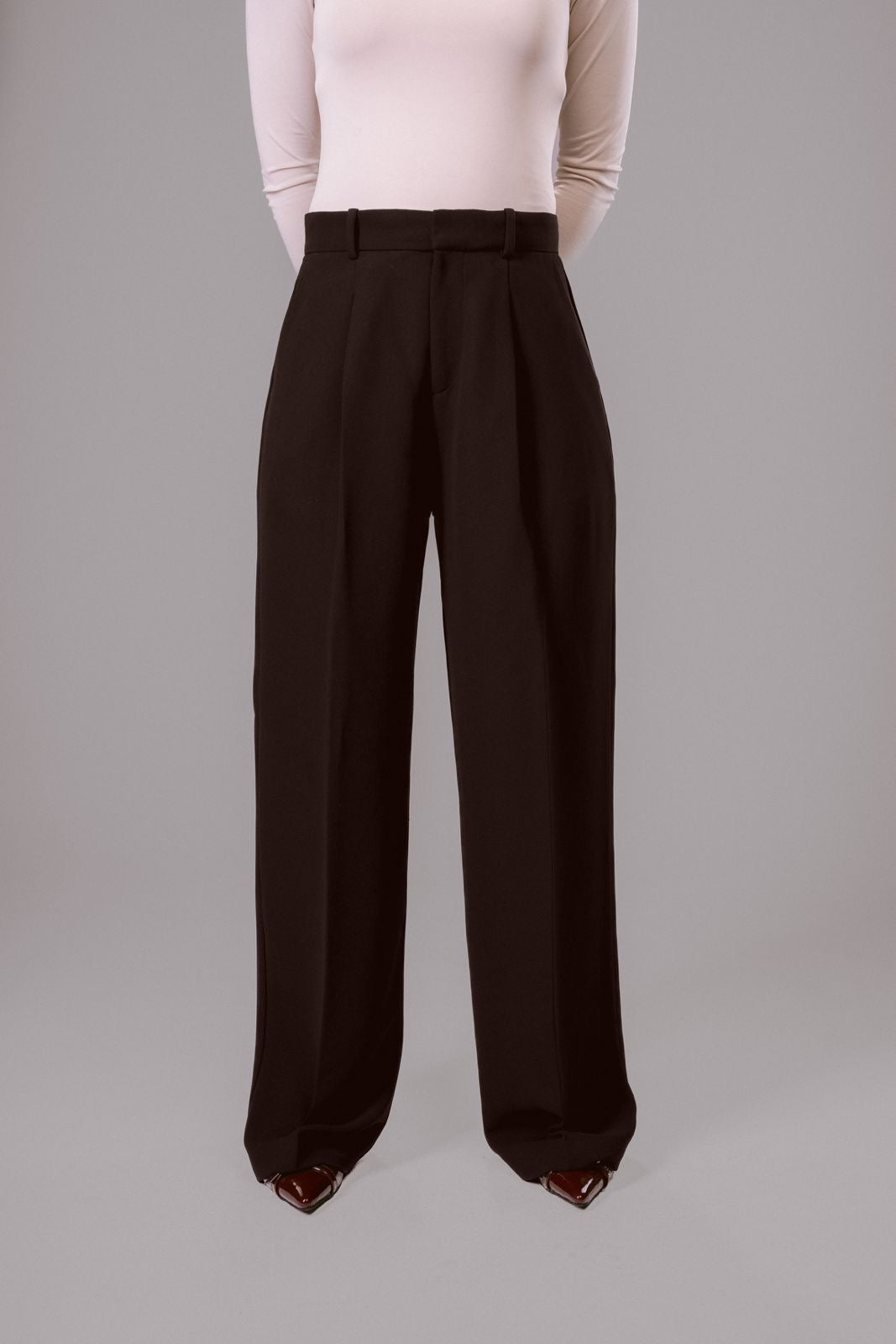 Chocolate-Brown Flowing Trousers with Pleats