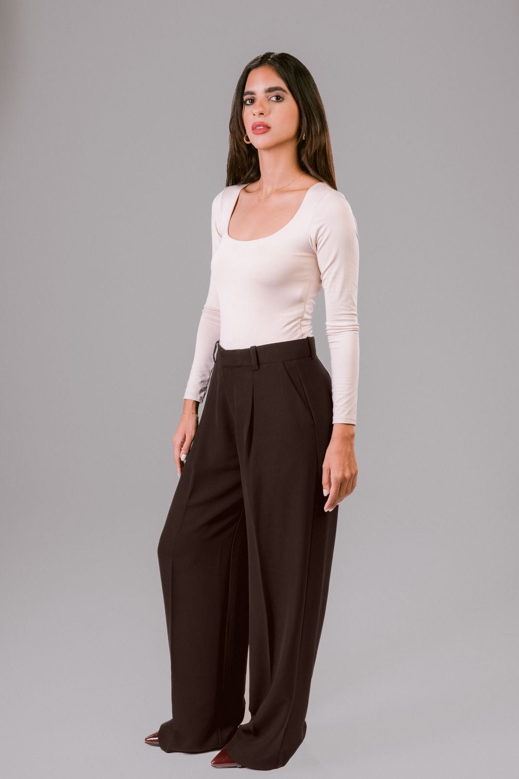 Chocolate-Brown Flowing Trousers with Pleats